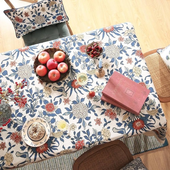 Patdrea Designer Blue Tablecloth For Rectangle Tables,Vintage Linen With Leaves - Picture 6 of 11